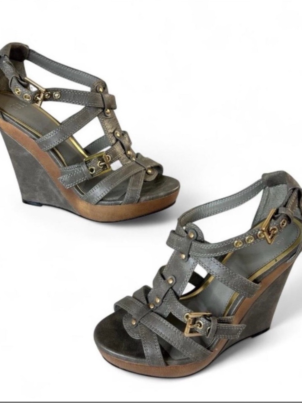 Elle Gray Gladiator Strappy Wedge Sandals with Gold Hardware Size 8